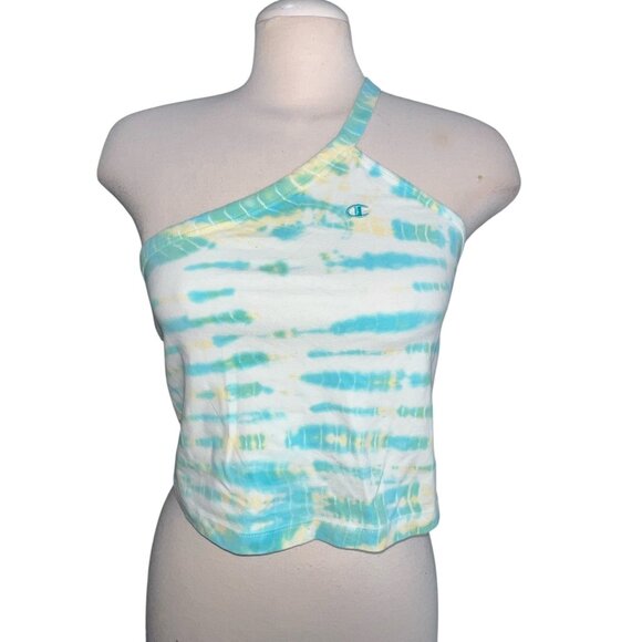 Champion Tie Dye One Shoulder Cropped Casual Top Sz Large Womens Blue & Yellow - Picture 1 of 9